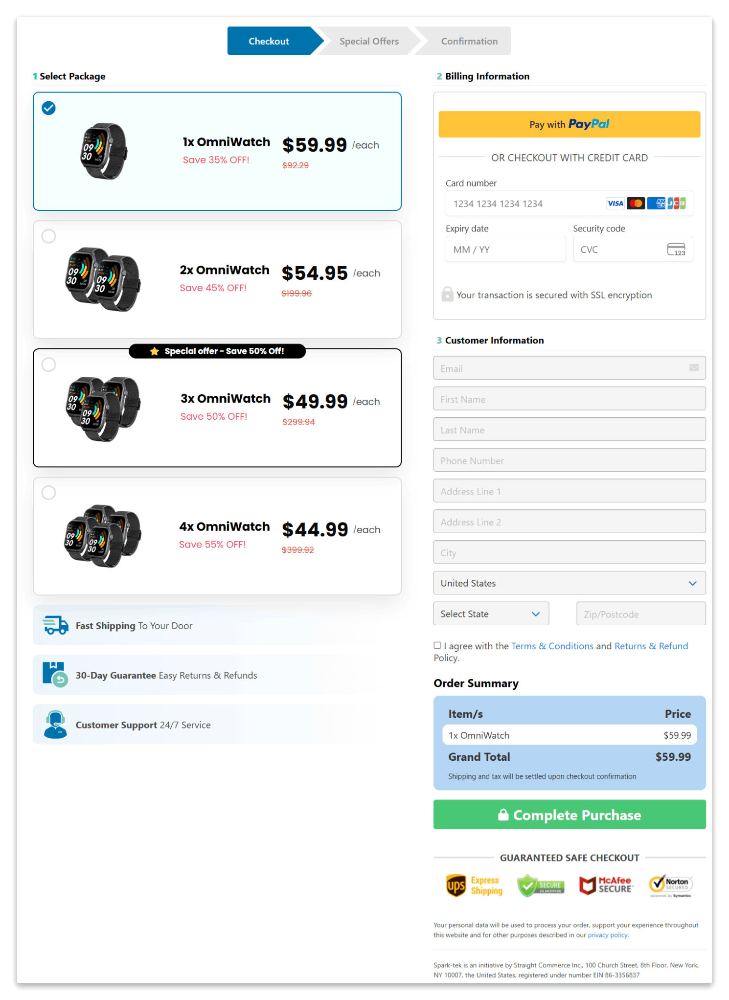 Omniwatch secure checkout page